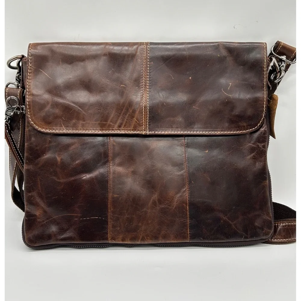 IDEAWIN Brown Leather Crossbody Tablet Messenger Bag Expandable‎ Distressed New